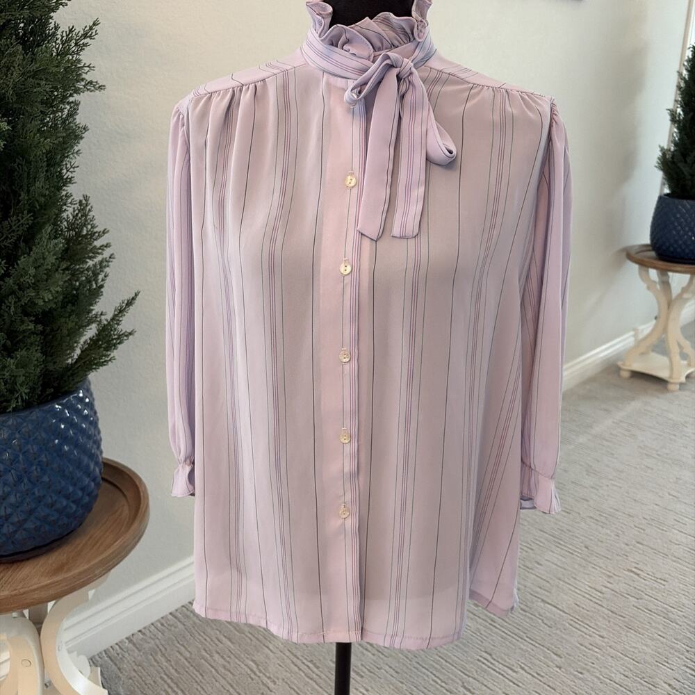 VTG 80s Button Dress Shirt Lavender Pinstripes Bow Size 16 Teddi Of California